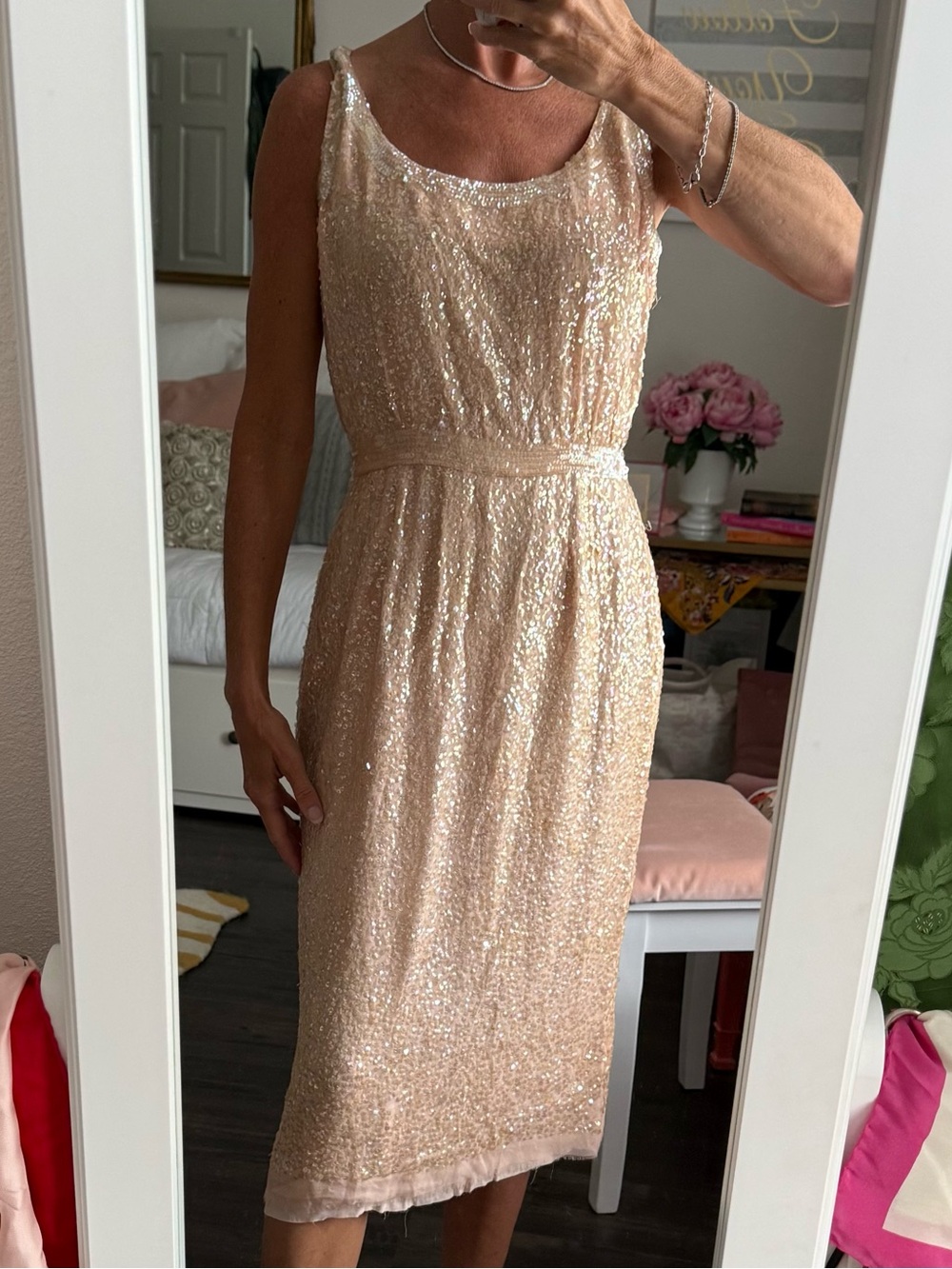 Vintage Hong Kong Blush Sequin Beaded Cocktail Dress 60s Party Glam
